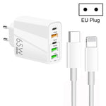 Sạc đa cổng 65W Dual PD Type-C + 3 x USB kèm cáp dữ liệu 3A Type-C sang 8 Pin, phích cắm EU, phích cắm EU + cáp Type-C sang 8 Pin