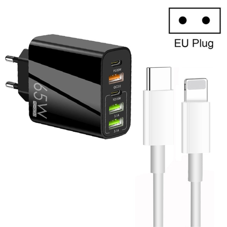 Sạc đa cổng 65W Dual PD Type-C + 3 x USB kèm cáp dữ liệu 3A Type-C sang 8 Pin, phích cắm EU, phích cắm EU + cáp Type-C sang 8 Pin