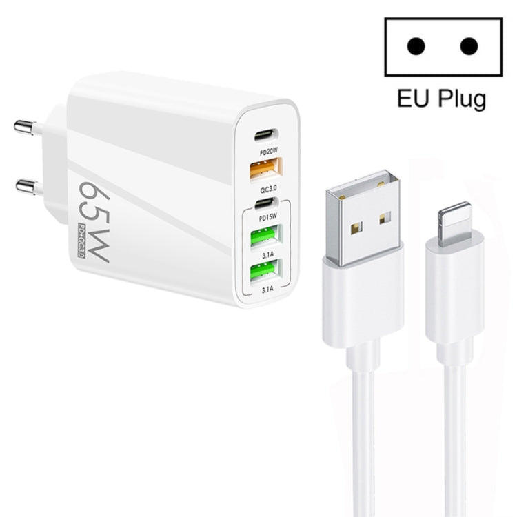 Sạc đa cổng 65W Dual PD Type-C + 3 x USB kèm cáp dữ liệu 3A USB sang 8 Pin, phích cắm EU, phích cắm EU + cáp USB sang 8 Pin