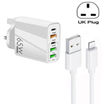 Sạc đa cổng 65W Dual PD Type-C + 3 x USB kèm cáp dữ liệu 3A USB sang 8 Pin, phích cắm UK, phích cắm UK + cáp USB sang 8 Pin