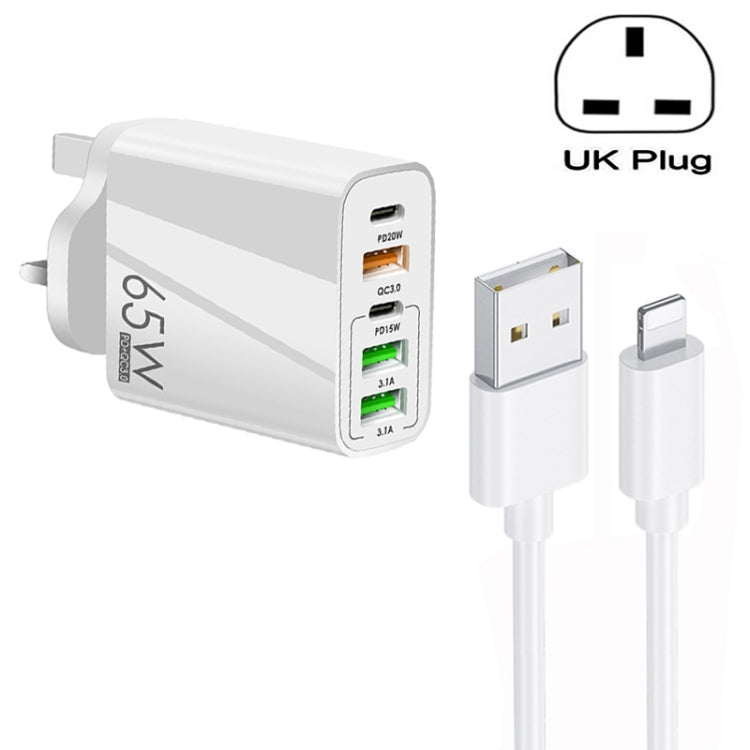 Sạc đa cổng 65W Dual PD Type-C + 3 x USB kèm cáp dữ liệu 3A USB sang 8 Pin, phích cắm UK, phích cắm UK + cáp USB sang 8 Pin