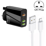Sạc đa cổng 65W Dual PD Type-C + 3 x USB kèm cáp dữ liệu 3A USB sang 8 Pin, phích cắm UK, phích cắm UK + cáp USB sang 8 Pin