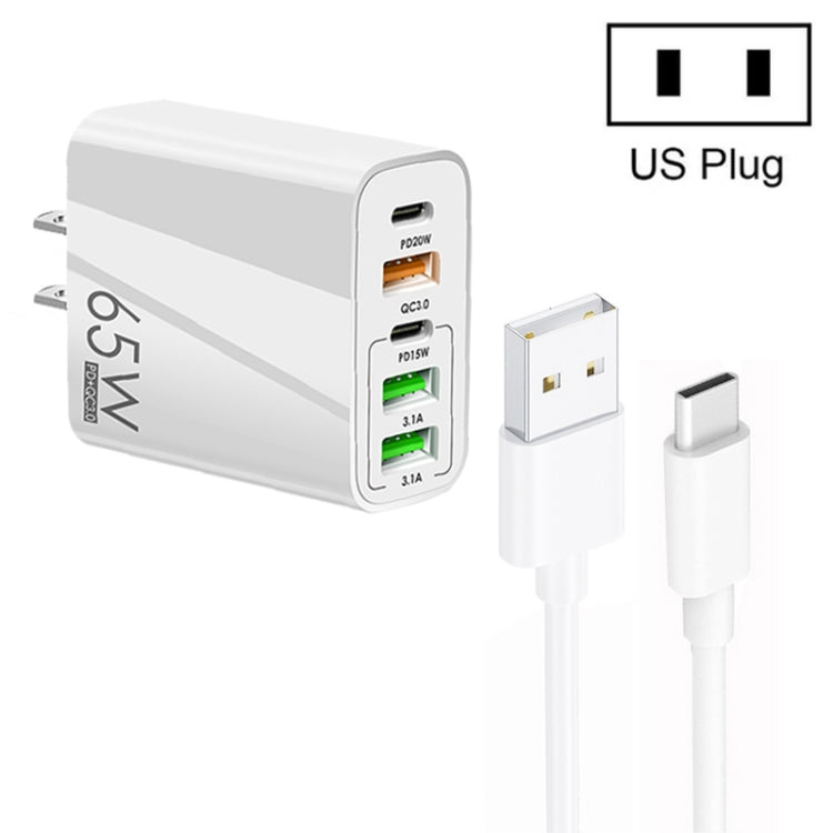 Sạc đa cổng 65W Dual PD Type-C + 3 x USB kèm cáp dữ liệu USB to Type-C 3A, phích cắm US, phích cắm US + cáp USB to Type-C