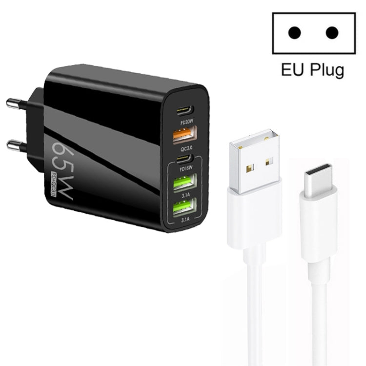 Sạc đa cổng 65W Dual PD Type-C + 3 x USB kèm cáp dữ liệu USB to Type-C 3A, phích cắm EU, phích cắm EU + cáp USB to Type-C