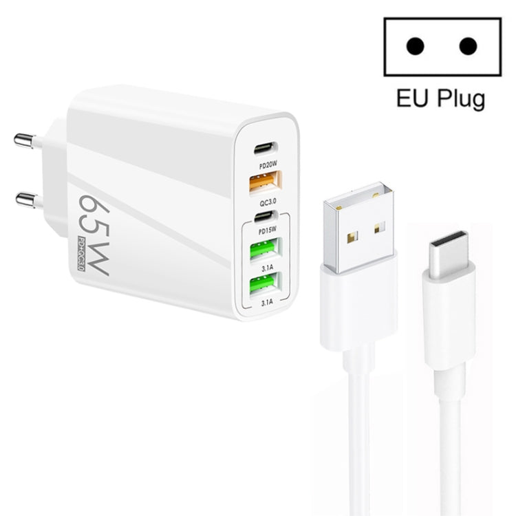 Sạc đa cổng 65W Dual PD Type-C + 3 x USB kèm cáp dữ liệu USB to Type-C 3A, phích cắm EU, phích cắm EU + cáp USB to Type-C