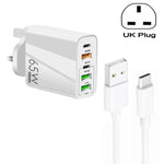 Sạc đa cổng 65W Dual PD Type-C + 3 x USB kèm cáp dữ liệu USB to Type-C 3A, phích cắm UK, phích cắm UK + cáp USB to Type-C