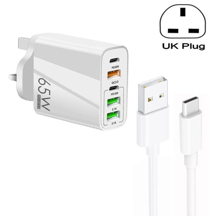 Sạc đa cổng 65W Dual PD Type-C + 3 x USB kèm cáp dữ liệu USB to Type-C 3A, phích cắm UK, phích cắm UK + cáp USB to Type-C