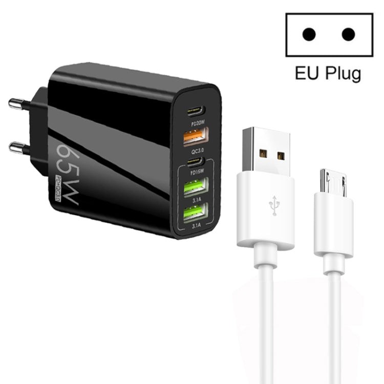 Sạc đa cổng 65W Dual PD Type-C + 3 x USB kèm cáp dữ liệu USB to Micro USB 3A, phích cắm EU, phích cắm EU + cáp USB to Micro USB