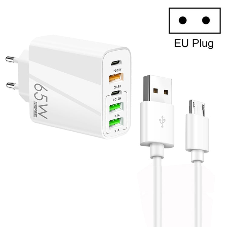 Sạc đa cổng 65W Dual PD Type-C + 3 x USB kèm cáp dữ liệu USB to Micro USB 3A, phích cắm EU, phích cắm EU + cáp USB to Micro USB