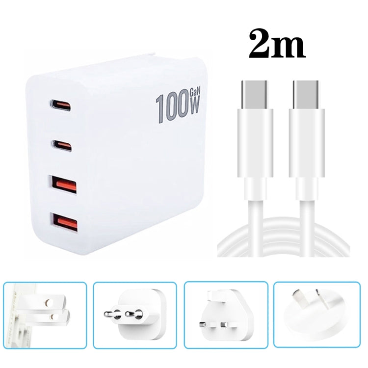 Bộ sạc đa cổng GaN 100W với 2 cổng USB + 2 cổng USB-C/Type-C kèm cáp dữ liệu Type-C dài 2m, phích cắm US, phích cắm US / EU, phích cắm US / UK, phích cắm US / AU, phích cắm US / EU / UK, phích cắm US / EU / UK / AU