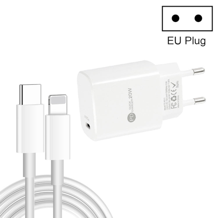 Sạc nhanh PD11 cổng đơn PD3.0 USB-C / Type-C 20W kèm cáp dữ liệu 1m Type-C sang 8 Pin, phích cắm EU, phích cắm EU + cáp Type-C sang 8 Pin
