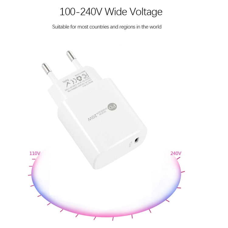 Sạc nhanh PD11 cổng đơn PD3.0 USB-C / Type-C 20W kèm cáp dữ liệu 1m Type-C sang 8 Pin, phích cắm EU, phích cắm EU + cáp Type-C sang 8 Pin