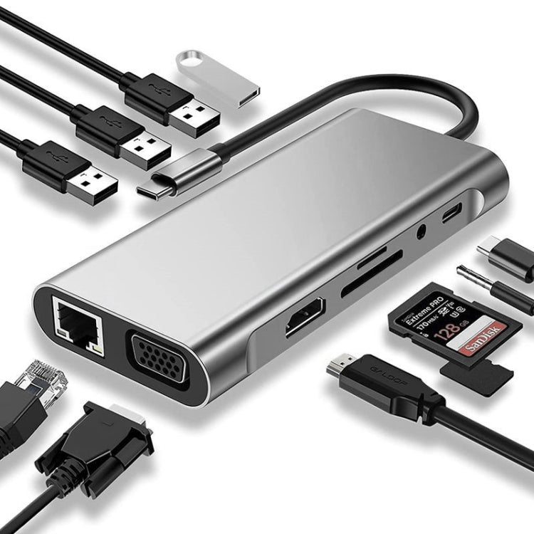 USB C HUB, Bộ chuyển đổi USB C 11 trong 1 với HDMI 4K, VGA, Type C PD, USB3.0, Ethernet RJ45, Đầu đọc thẻ SD/TF, AUX 3.5mm, Trạm kết nối tương thích với MacBook Pro/Air, các thiết bị laptop Type C khác