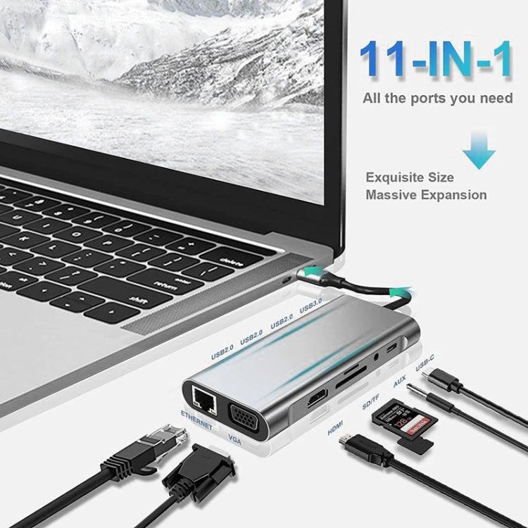USB C HUB, Bộ chuyển đổi USB C 11 trong 1 với HDMI 4K, VGA, Type C PD, USB3.0, Ethernet RJ45, Đầu đọc thẻ SD/TF, AUX 3.5mm, Trạm kết nối tương thích với MacBook Pro/Air, các thiết bị laptop Type C khác