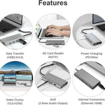 USB C HUB, Bộ chuyển đổi USB C 11 trong 1 với HDMI 4K, VGA, Type C PD, USB3.0, Ethernet RJ45, Đầu đọc thẻ SD/TF, AUX 3.5mm, Trạm kết nối tương thích với MacBook Pro/Air, các thiết bị laptop Type C khác