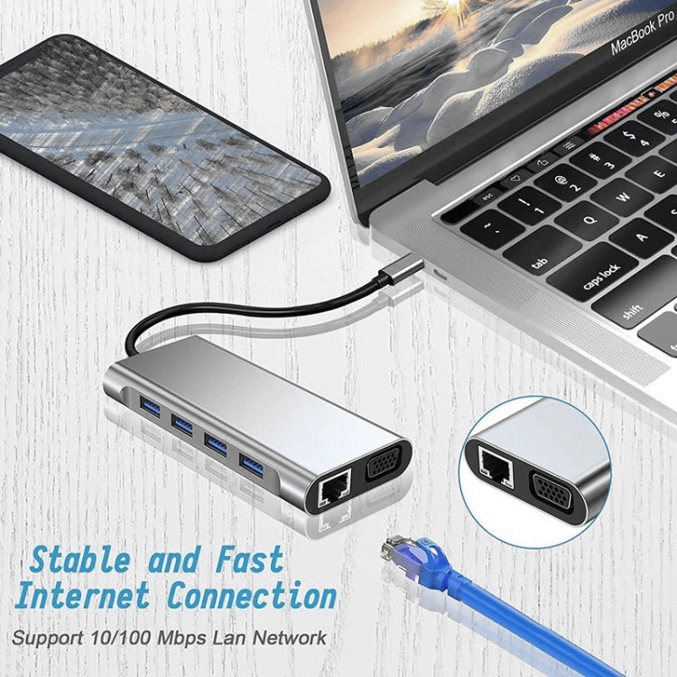 USB C HUB, Bộ chuyển đổi USB C 11 trong 1 với HDMI 4K, VGA, Type C PD, USB3.0, Ethernet RJ45, Đầu đọc thẻ SD/TF, AUX 3.5mm, Trạm kết nối tương thích với MacBook Pro/Air, các thiết bị laptop Type C khác
