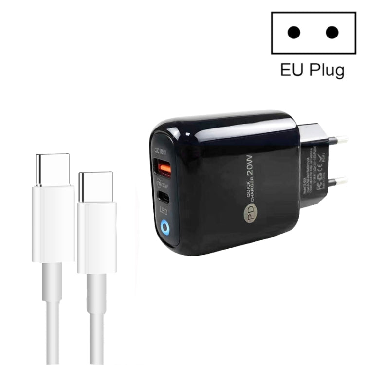 Sạc điện thoại di động PD04 Type-C + USB kèm cáp Type-C to Type-C, phích cắm EU, phích cắm EU + cáp Type-C to Type-C