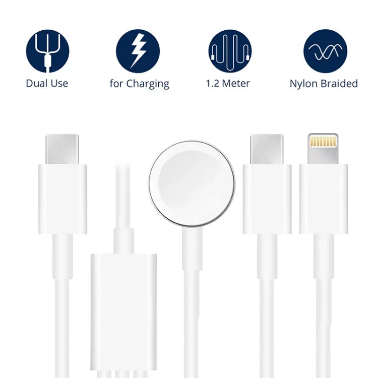 Cáp Sạc Từ Tính USB 3 trong 1 cho Apple Watch Series & Điện Thoại có Cổng Type-C Đôi dài 4ft/1.2m, DS-XB020