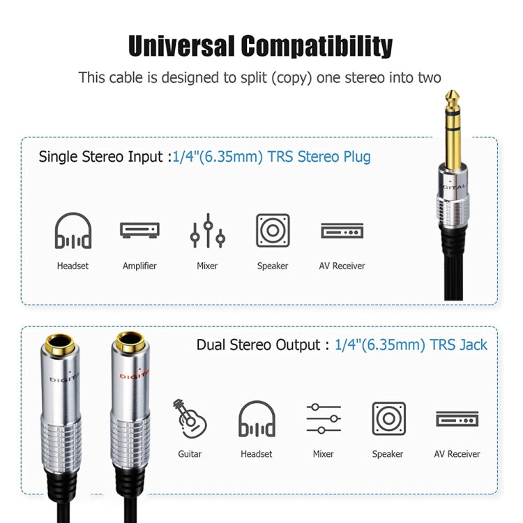 Bộ chuyển đổi âm thanh JUNSUNMAY 6.35mm đực sang đôi 6.35mm cái stereo, chiều dài: 0.2m