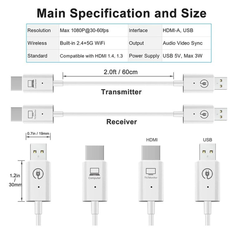 Bộ phát và thu HDMI không dây, bộ mở rộng HDMI không dây, trình chiếu video âm thanh 1080P 60fps cho PC, laptop, máy ảnh đến HDTV/máy chiếu