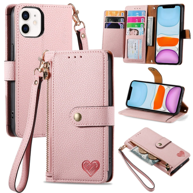 Bao da điện thoại dây kéo hình trái tim, dành cho iPhone 11, iPhone 11 Pro, iPhone X / XS, iPhone XR, iPhone XS Max, iPhone 7 Plus / 8 Plus, iPhone 6 Plus / 6s Plus, iPhone 6 / 6s