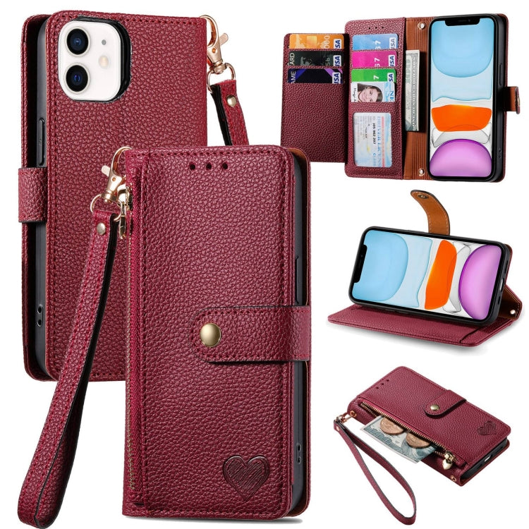 Bao da điện thoại dây kéo hình trái tim, dành cho iPhone 11, iPhone 11 Pro, iPhone X / XS, iPhone XR, iPhone XS Max, iPhone 7 Plus / 8 Plus, iPhone 6 Plus / 6s Plus, iPhone 6 / 6s