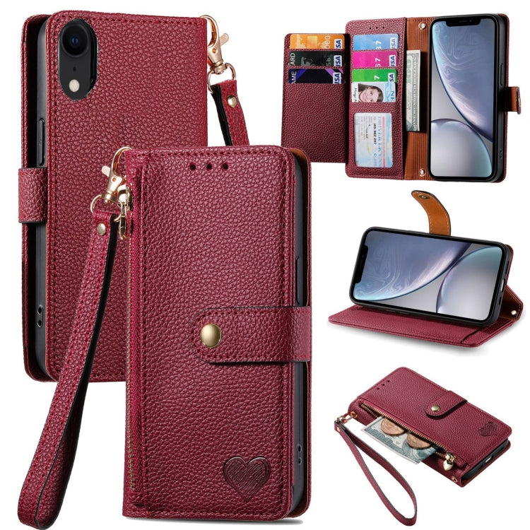 Bao da điện thoại dây kéo hình trái tim, dành cho iPhone 11, iPhone 11 Pro, iPhone X / XS, iPhone XR, iPhone XS Max, iPhone 7 Plus / 8 Plus, iPhone 6 Plus / 6s Plus, iPhone 6 / 6s