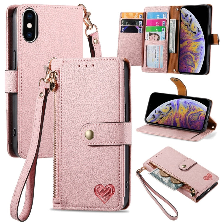 Bao da điện thoại dây kéo hình trái tim, dành cho iPhone 11, iPhone 11 Pro, iPhone X / XS, iPhone XR, iPhone XS Max, iPhone 7 Plus / 8 Plus, iPhone 6 Plus / 6s Plus, iPhone 6 / 6s