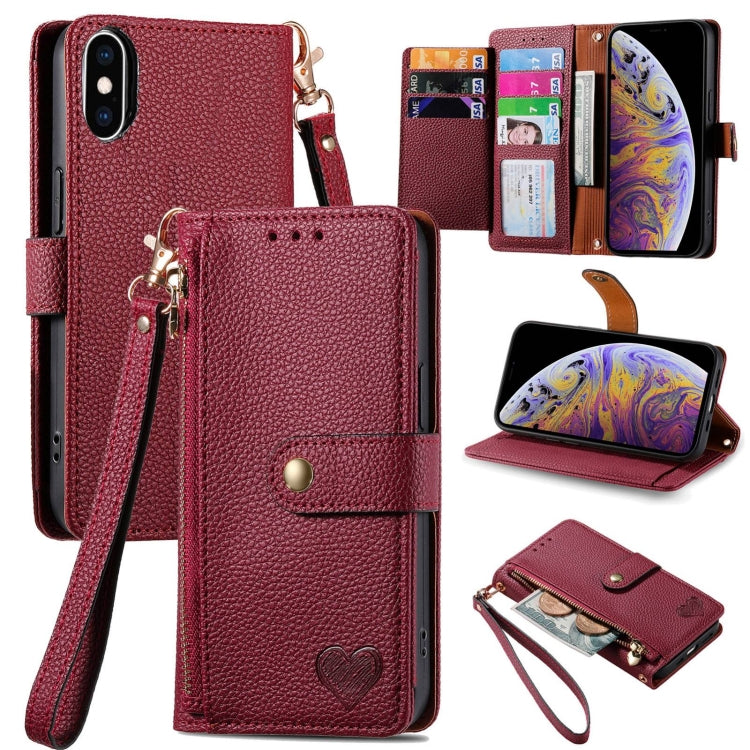 Bao da điện thoại dây kéo hình trái tim, dành cho iPhone 11, iPhone 11 Pro, iPhone X / XS, iPhone XR, iPhone XS Max, iPhone 7 Plus / 8 Plus, iPhone 6 Plus / 6s Plus, iPhone 6 / 6s