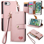 Bao da điện thoại dây kéo hình trái tim, dành cho iPhone 11, iPhone 11 Pro, iPhone X / XS, iPhone XR, iPhone XS Max, iPhone 7 Plus / 8 Plus, iPhone 6 Plus / 6s Plus, iPhone 6 / 6s
