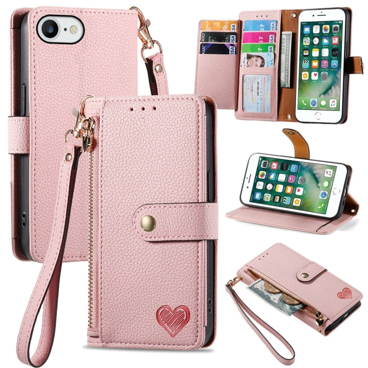 Bao da điện thoại dây kéo hình trái tim, dành cho iPhone 11, iPhone 11 Pro, iPhone X / XS, iPhone XR, iPhone XS Max, iPhone 7 Plus / 8 Plus, iPhone 6 Plus / 6s Plus, iPhone 6 / 6s