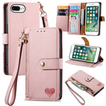 Bao da điện thoại dây kéo hình trái tim, dành cho iPhone 11, iPhone 11 Pro, iPhone X / XS, iPhone XR, iPhone XS Max, iPhone 7 Plus / 8 Plus, iPhone 6 Plus / 6s Plus, iPhone 6 / 6s