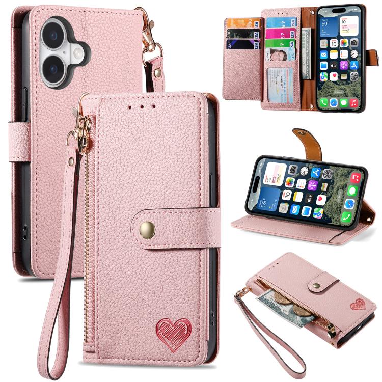 Bao da điện thoại dây đeo khóa kéo Love, dành cho iPhone 17e / 16e, iPhone 17 Pro Max, iPhone 17 Pro, iPhone 17, iPhone Air, iPhone 16 Pro Max, iPhone 16 Pro, iPhone 16 Plus