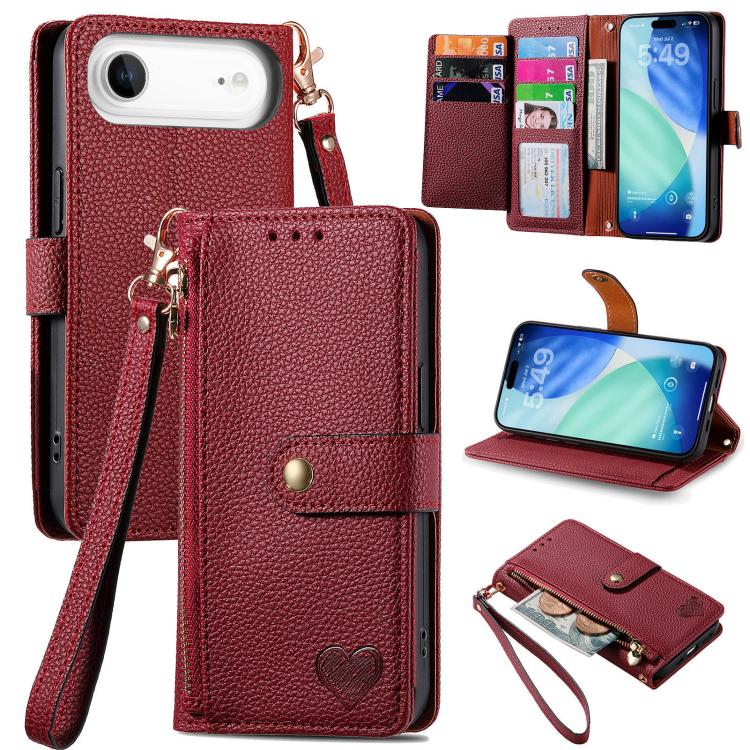 Bao da điện thoại dây đeo khóa kéo Love, dành cho iPhone 17e / 16e, iPhone 17 Pro Max, iPhone 17 Pro, iPhone 17, iPhone Air, iPhone 16 Pro Max, iPhone 16 Pro, iPhone 16 Plus