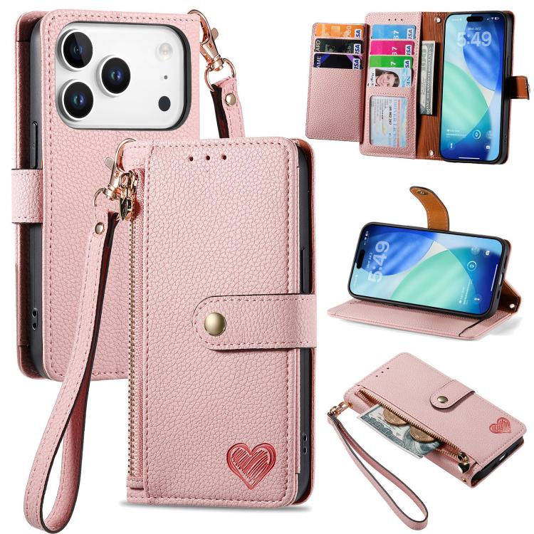 Bao da điện thoại dây đeo khóa kéo Love, dành cho iPhone 17e / 16e, iPhone 17 Pro Max, iPhone 17 Pro, iPhone 17, iPhone Air, iPhone 16 Pro Max, iPhone 16 Pro, iPhone 16 Plus