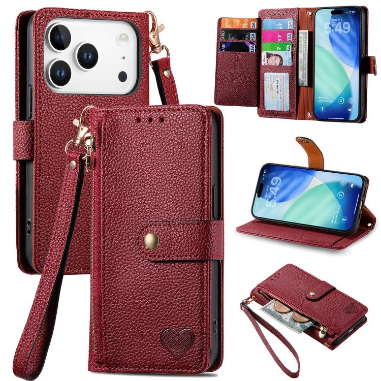 Bao da điện thoại dây đeo khóa kéo Love, dành cho iPhone 17e / 16e, iPhone 17 Pro Max, iPhone 17 Pro, iPhone 17, iPhone Air, iPhone 16 Pro Max, iPhone 16 Pro, iPhone 16 Plus