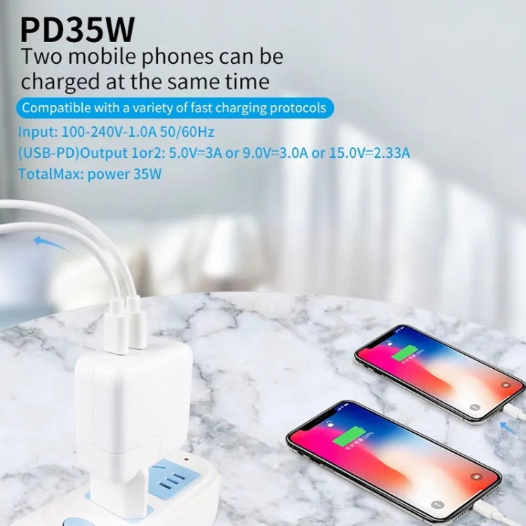 Sạc đôi 35W PD3.0 USB-C / Type-C kèm cáp dữ liệu Type-C sang 8 Pin, phích cắm US, phích cắm US + cáp 8 Pin dài 1m, phích cắm US + cáp 8 Pin dài 2m