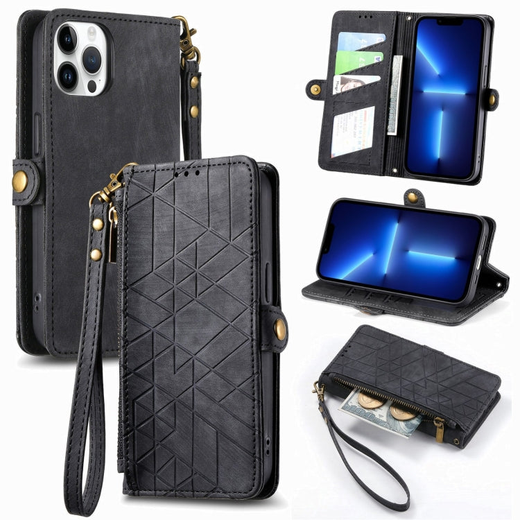 Geometric Zipper Wallet Side Buckle Leather Phone Case, For iPhone 14 Pro Max, For iPhone 7 / 8 / SE 2022, For iPhone 13 Pro Max, For iPhone 13 Pro, For iPhone 13, For iPhone 12 / 12 Pro, For iPhone 12 Pro Max, For iPhone 11 Pro Max