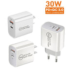 Bộ sạc cổng đôi PD30W USB-C / Type-C + QC3.0 USB, phích cắm EU, phích cắm US, phích cắm AU