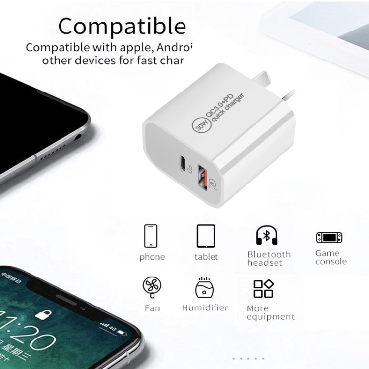 Bộ sạc cổng đôi PD30W USB-C / Type-C + QC3.0 USB, phích cắm EU, phích cắm US, phích cắm AU
