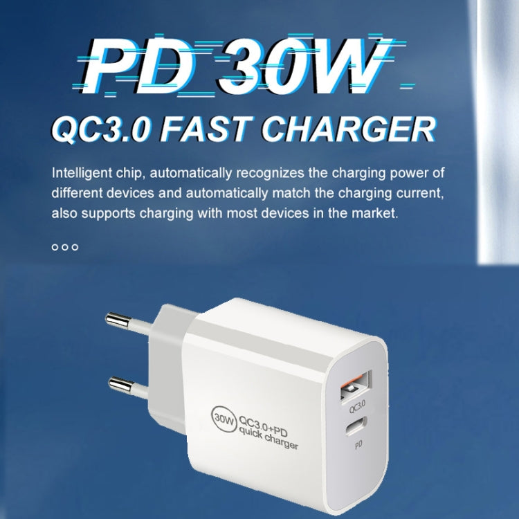 Bộ sạc cổng đôi PD30W USB-C / Type-C + QC3.0 USB, phích cắm EU, phích cắm US, phích cắm AU