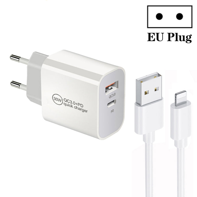 Bộ sạc cổng đôi PD30W USB-C / Type-C + QC3.0 USB kèm cáp dữ liệu USB dài 1m sang 8 Pin, phích cắm EU, phích cắm US, phích cắm AU