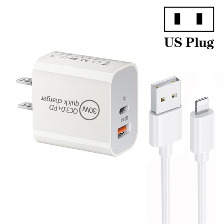 Bộ sạc cổng đôi PD30W USB-C / Type-C + QC3.0 USB kèm cáp dữ liệu USB dài 1m sang 8 Pin, phích cắm EU, phích cắm US, phích cắm AU