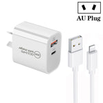 Bộ sạc cổng đôi PD30W USB-C / Type-C + QC3.0 USB kèm cáp dữ liệu USB dài 1m sang 8 Pin, phích cắm EU, phích cắm US, phích cắm AU