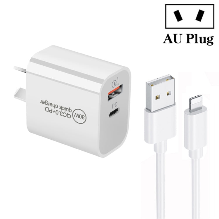 Bộ sạc cổng đôi PD30W USB-C / Type-C + QC3.0 USB kèm cáp dữ liệu USB dài 1m sang 8 Pin, phích cắm EU, phích cắm US, phích cắm AU