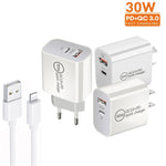 Bộ sạc cổng đôi PD30W USB-C / Type-C + QC3.0 USB kèm cáp dữ liệu USB dài 1m sang 8 Pin, phích cắm EU, phích cắm US, phích cắm AU