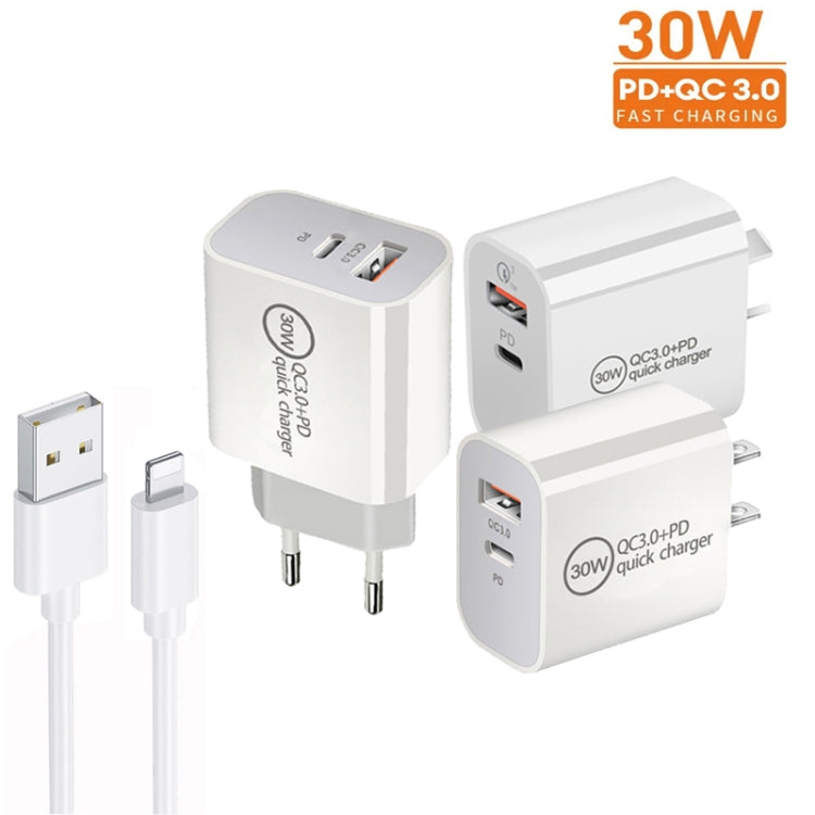 Bộ sạc cổng đôi PD30W USB-C / Type-C + QC3.0 USB kèm cáp dữ liệu USB dài 1m sang 8 Pin, phích cắm EU, phích cắm US, phích cắm AU