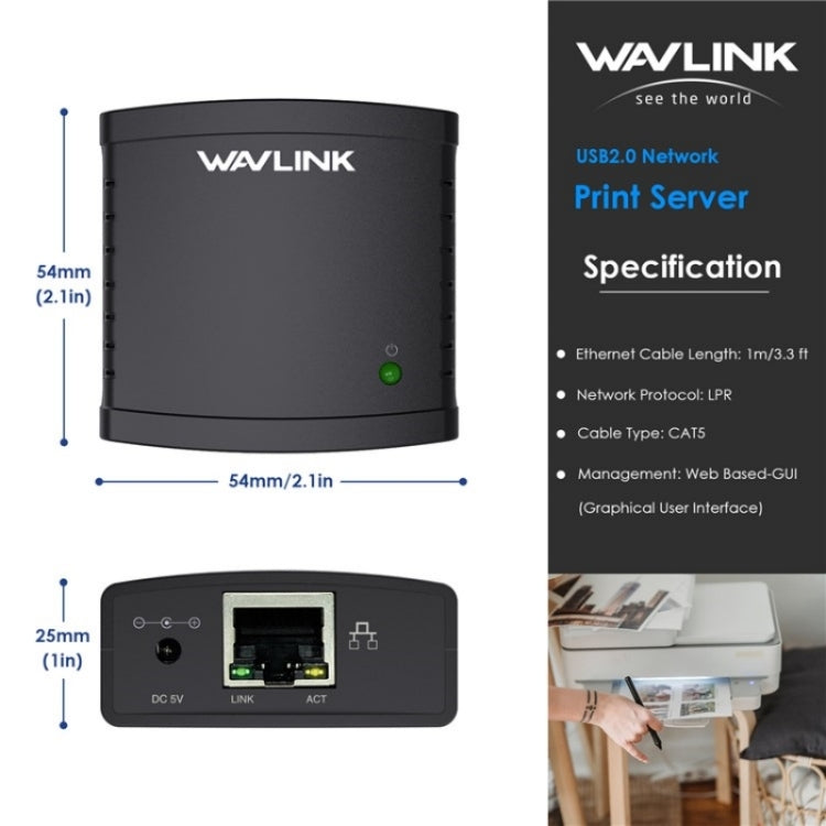 Máy chủ in mạng WAVLINK NU72P11 100Mbps USB 2.0, bộ nguồn máy in mạng, phích cắm Mỹ, Anh, EU, Úc