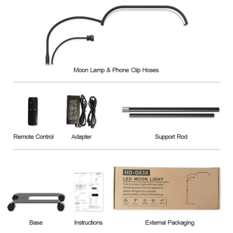Đèn LED trăng đứng sàn HD-G63X điều chỉnh độ sáng từ xa, đèn làm móng và nối mi, phích cắm US, UK, EU, AU