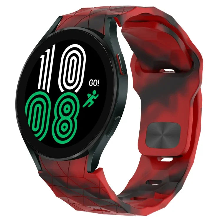 Football texture silicone watch band on Samsung Galaxy Watch, showcasing red design and digital display.